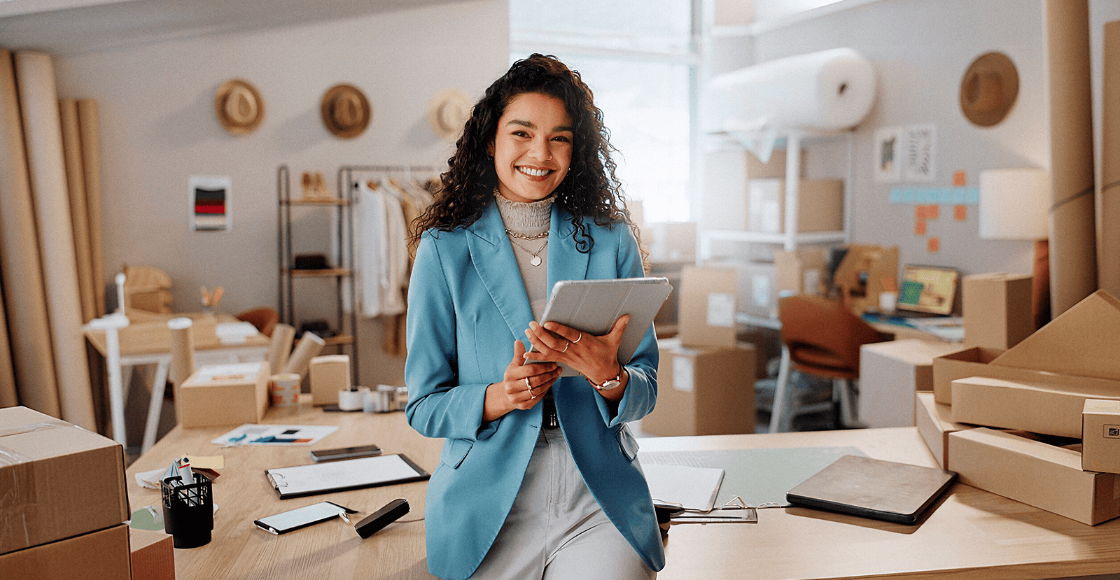 Emprendedora en su taller de envíos gestionando con una tablet