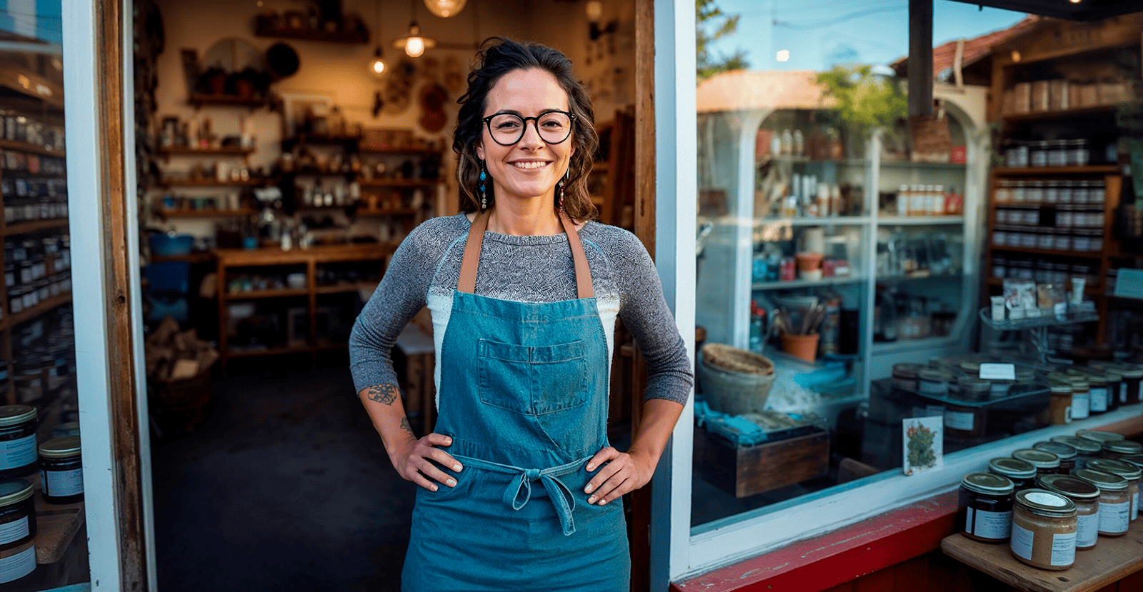 Dueña sonriendo en la entrada de su tienda de productos locales